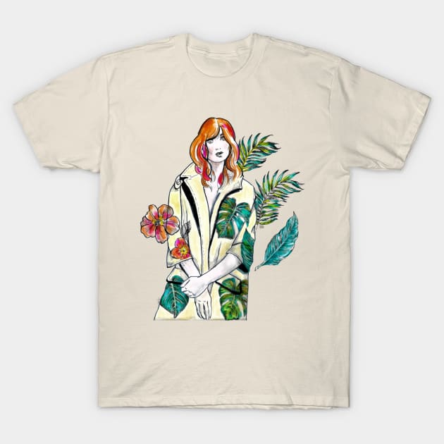 Woman with Red hair in a yellow floral coat - Fashion Illustration. T-Shirt by FanitsaArt